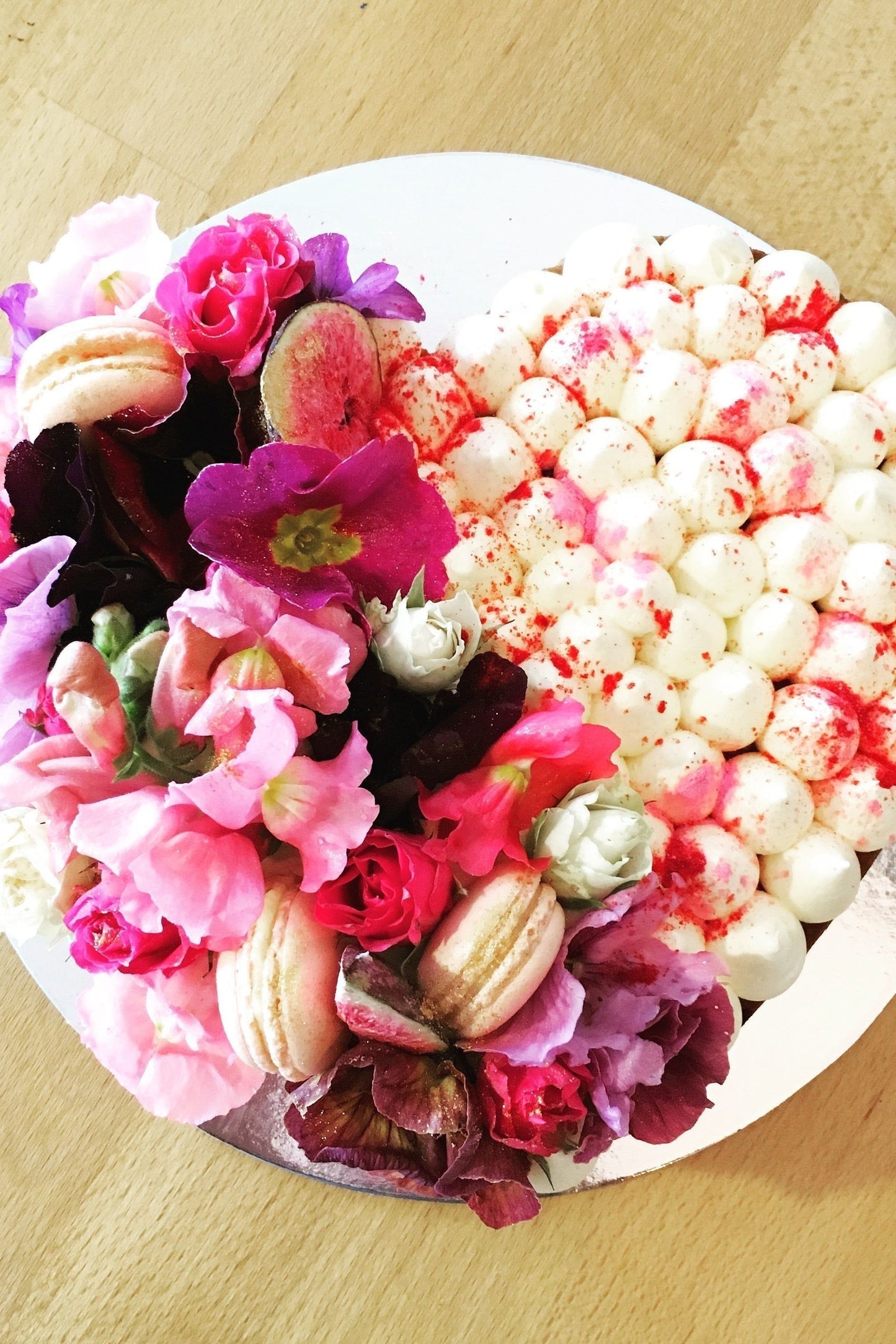 Heart Cake with Flowers and Macarons