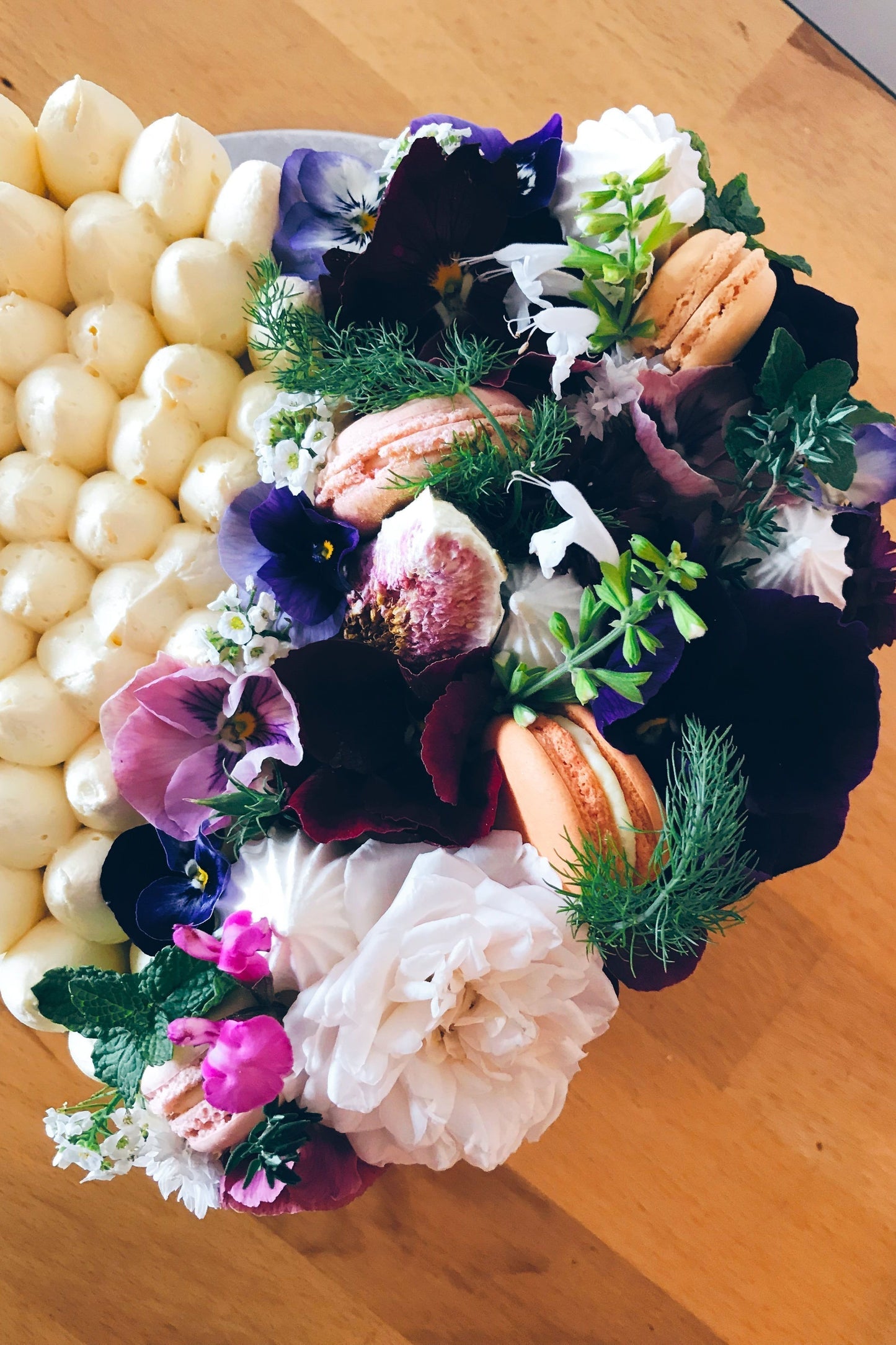 Heart Cake with Flowers and Macarons