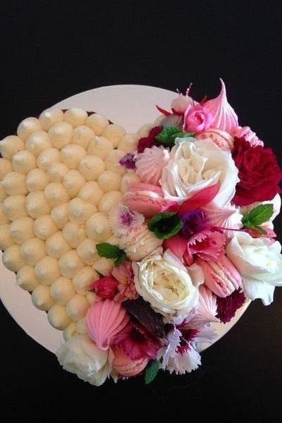 Heart Cake with Flowers and Macarons