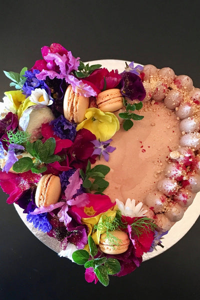 Heart Cake with Flowers and Macarons